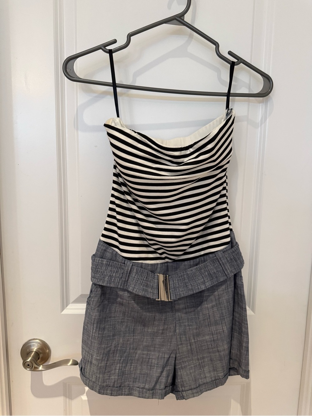 2B Bebe Black & White Striped Mini Skirted Romper with Chambray-Blue Shorts